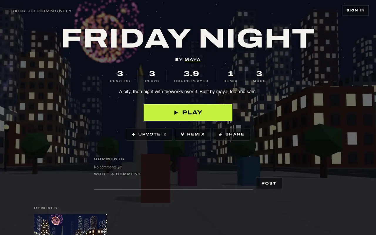 Friday Night, published by Maya on Community: three players, one remix, and Play, Remix and Share buttons over their city at night.